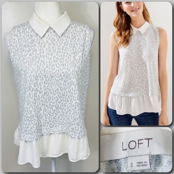 LOFT Mixed Media Gray & Cream Leopard Collard Sweater Tank Top - SMALL - Picture 1 of 10